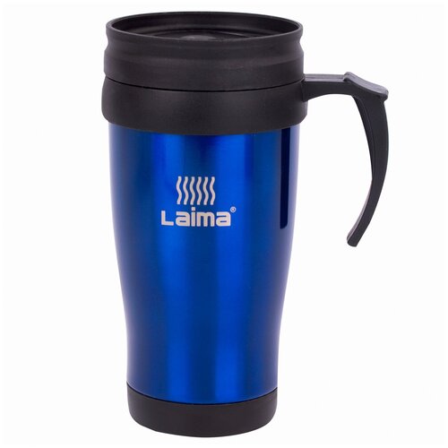 Термокружка LAIMA, 400 мл, нержавеющая сталь, пластиковая ручка, синяя, 605128