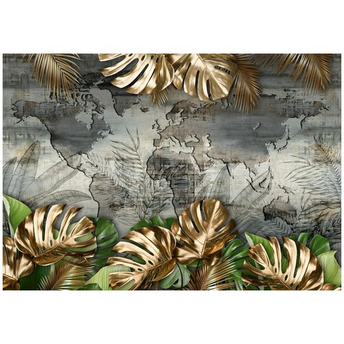Фотообои Уютная стена Золотые листья монтеры на фоне карты 390х270 см Бесшовные Премиум (единым полотном)