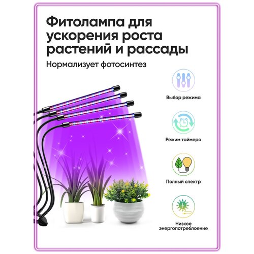 Фитолампа для растений и рассады на прищепке, 4 светильника, фитосветильник, фиолетовая лампа с таймером и полным спектром