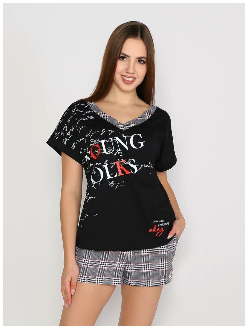 Комплект женский "молодость" футболка+шорты кулирка черный/мультиколор