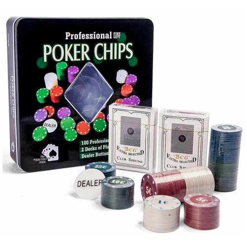 Покерный набор Premium Poker, 100 фишек с номиналом, в жестяной коробке покерный набор набор для покера в металлическом кейсе 120 фишек с номиналом tatimarket