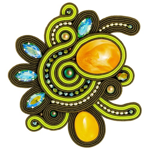 Amberholl Необычная плетёная брошь, украшенная натуральным янтарём и кристаллами «Индия»