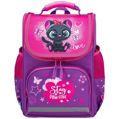 фото Ранец / рюкзак / портфель школьный для девочки первоклассницы пифагор basic, с эргономичной спинкой, black kitten, 35х28х18 см