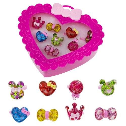 1TOY Набор украшений Sweet heart Bijou в ярко-розовой шкатулке 8 колец Леденцы Т21034-2