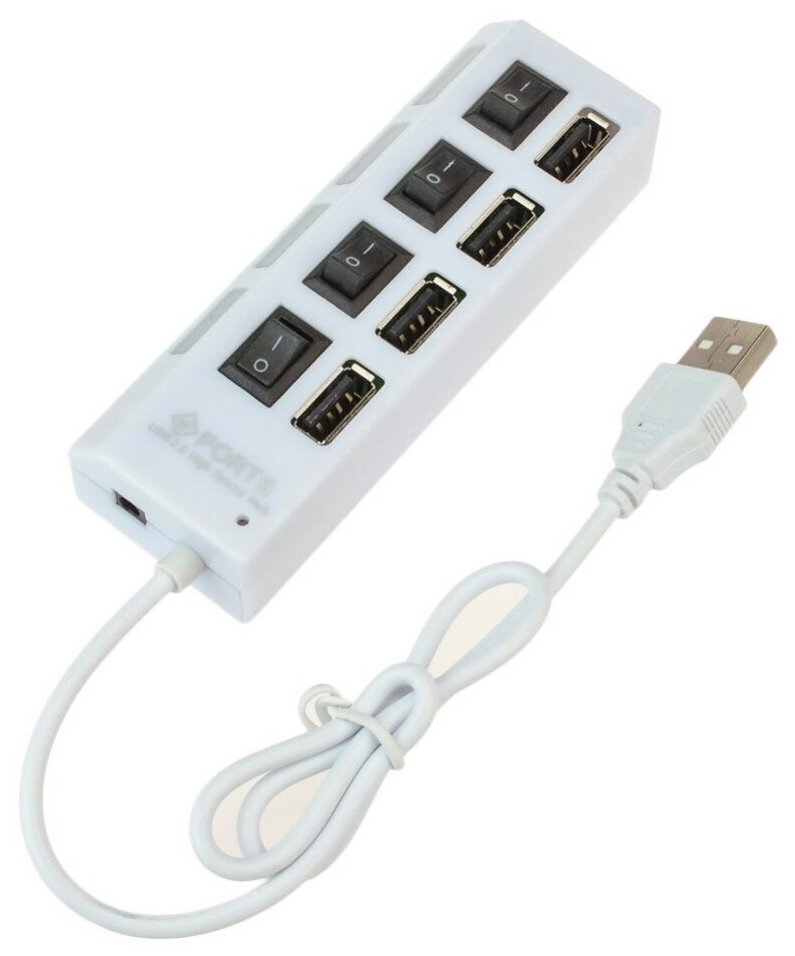 USB Hub разветвитель на 4 USB с выключателями (Белый)