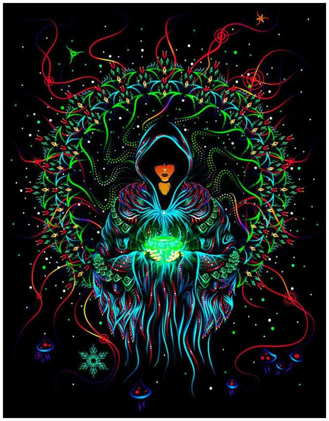 UV-активное полотно "Crystal Wizard", 50x75 см. Картина светящаяся в ультрафиолете с психоделическим рисунком, настенное украшение, постер, декорация.
