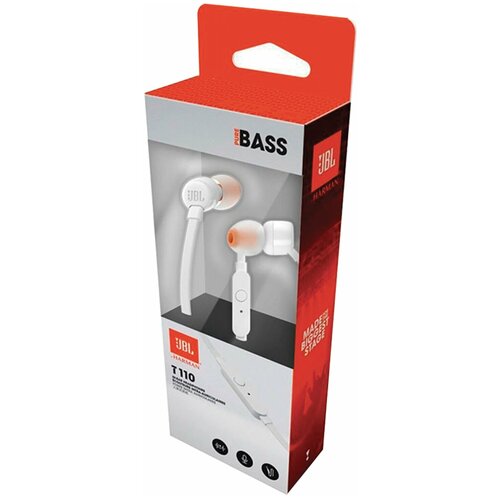 Наушники с микрофоном гарнитура JBL T110 WHT проводные 12 м вкладыши стерео белые 1800₽