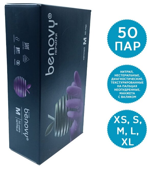 Перчатки нитриловые медицинские BENOVY Nitrile MultiColor, сиреневые, размер M, 50 пар в упаковке