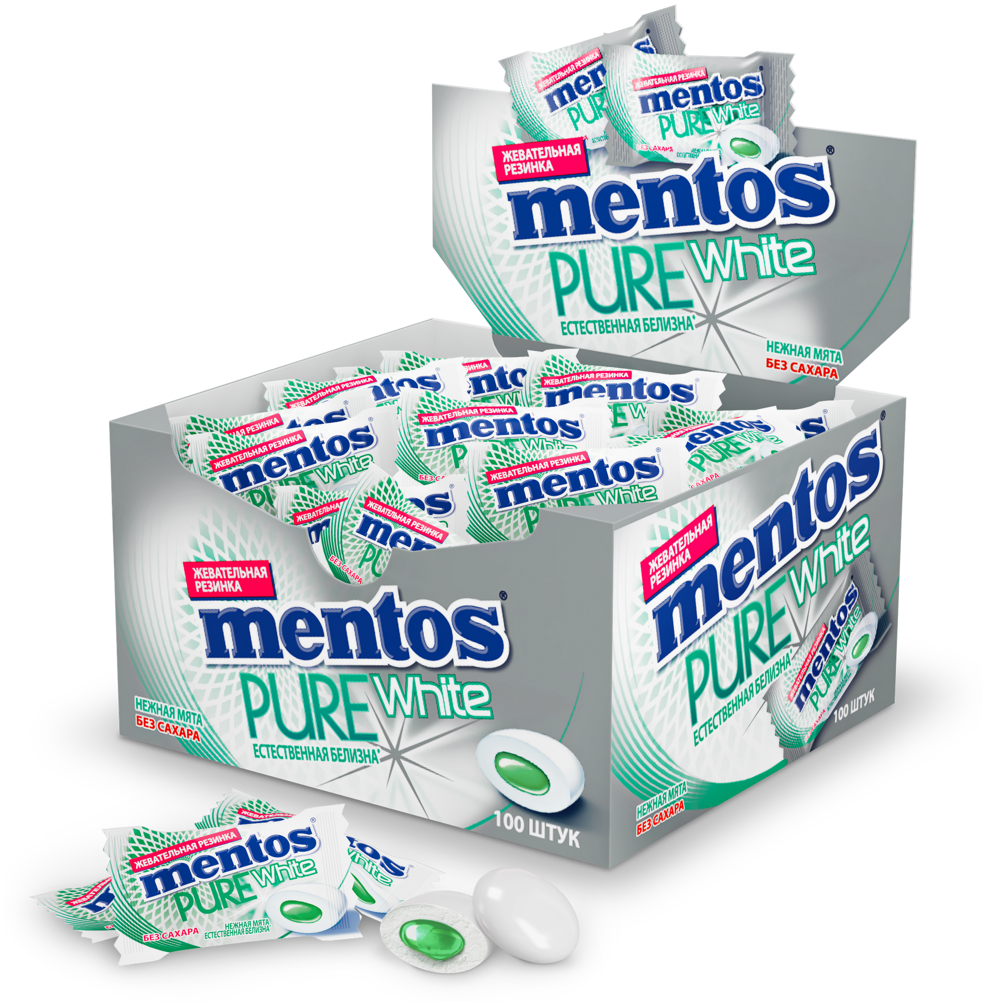 Жевательная резинка Mentos Pure White Нежная мята, 100 шт по 2 г.