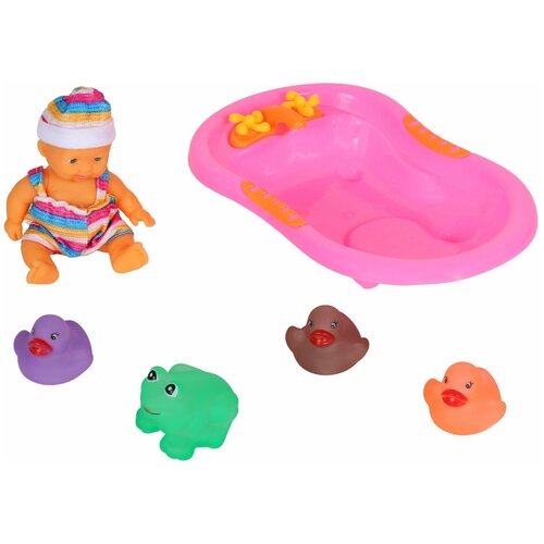 Пупс для девочек игрушечный, с игровым набором для купания, кукла для девочек, (пупс, утки, лягушка, ванна), в/п 24*19*8см