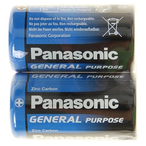 Батарейка солевая Panasonic General Purpose, C, R14-2S, 1.5В, спайка, 2 шт./В упаковке шт: 1