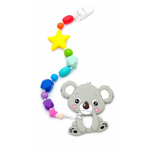 Грызунок - прорезыватель MamSis Радуга на держателе с клипсой, серая коала