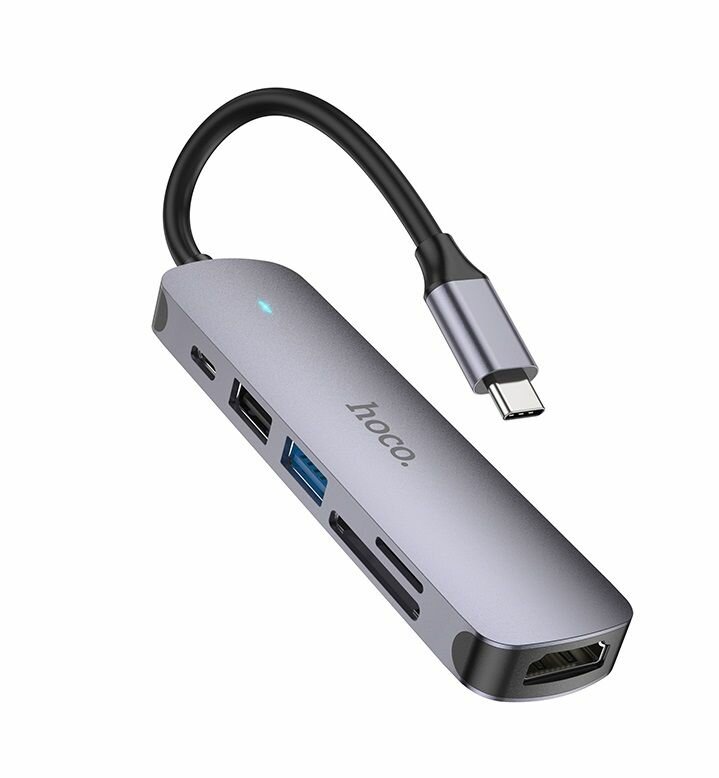 Переходник HOCO HB28 TYPE-C, HDMI+USB3.0+SD+TF, серый — фото 1
