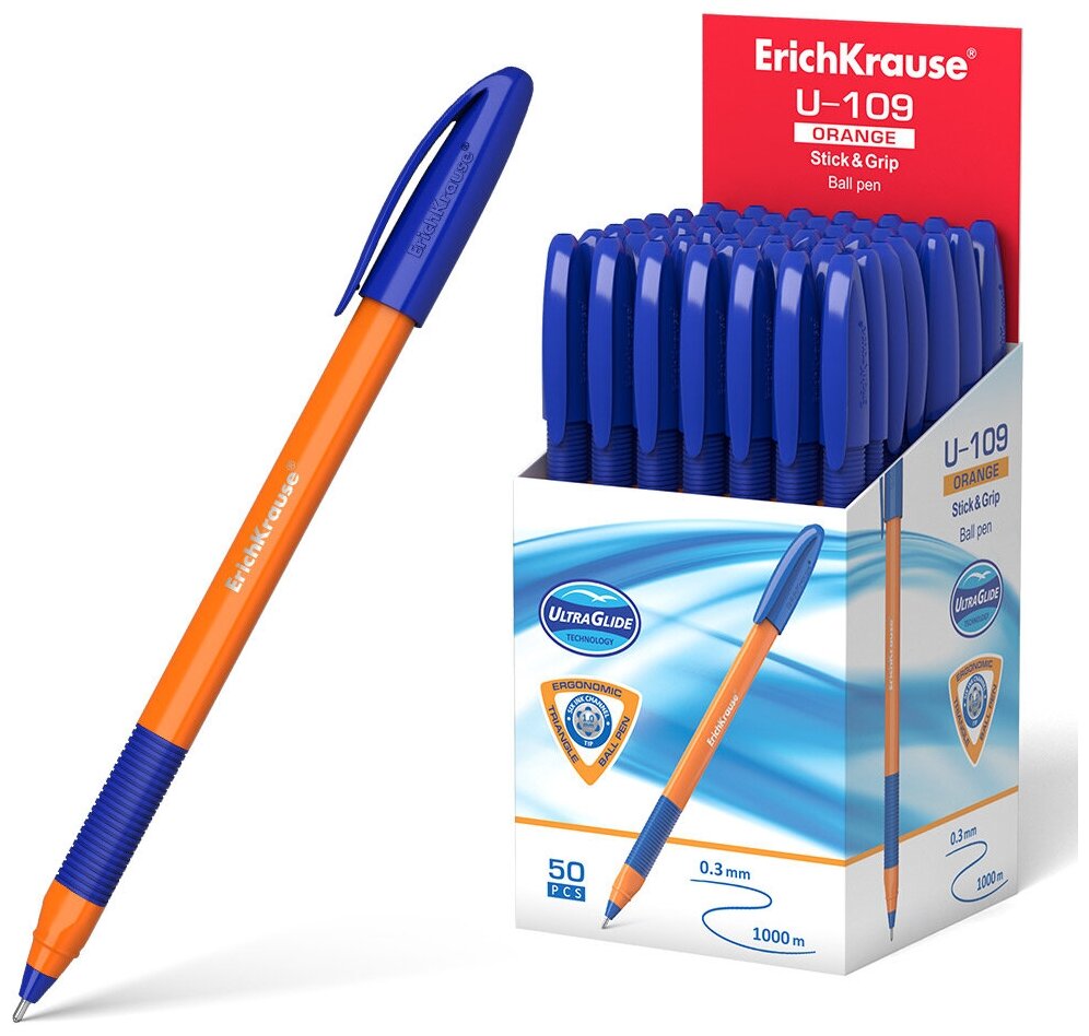 Ручка шариковая ErichKrause® U-109 Orange Stick&Grip 1.0, Ultra Glide Technology, синяя , 50 шт.