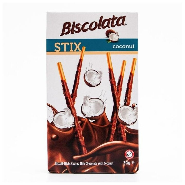 Бисквитные палочки Biscolata в молочном шоколаде с кокосовой стружкой 32 г - фотография № 2