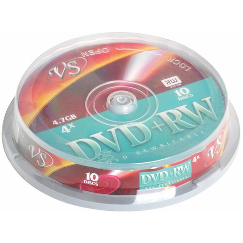 Диски DVD+RW (плюс) VS 4,7 Gb 4x Cake Box (упаковка на шпиле), комплект 10 шт, VSDVDPRWCB1001