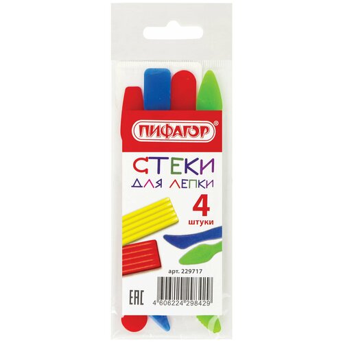 Комплект 20 шт, Стеки для лепки пифагор, набор 4 шт, цветные, пакет с подвесом, 229717