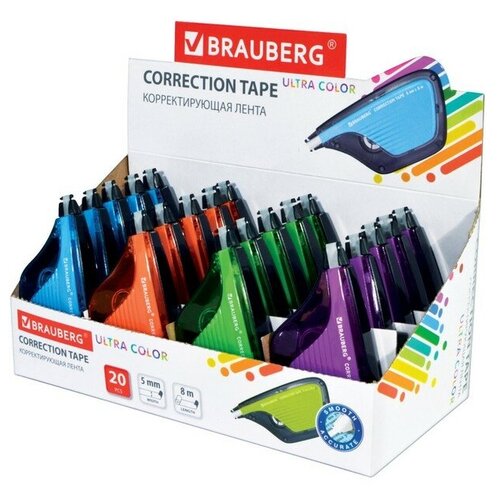 Корректирующая лента BRAUBERG ULTRA COLOR, 5 мм х 8 м, корпус ассорти, дисплей, 229065