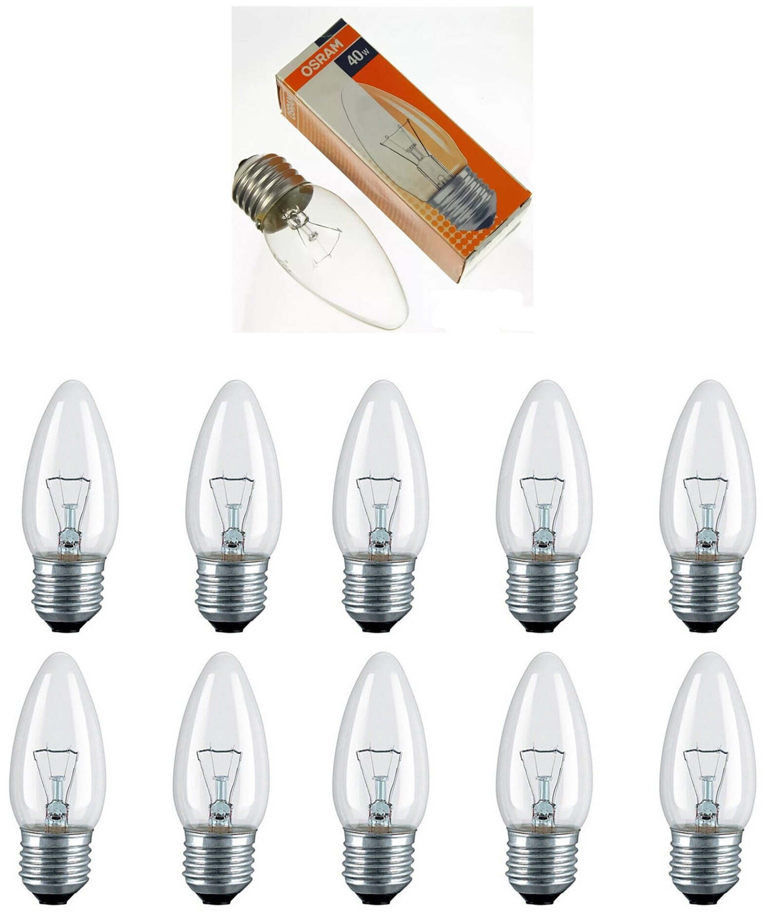 Лампочка накаливания OSRAM Свеча B E27 40Вт 220В 2700К Теплый белый Диммируемая упаковка 10шт