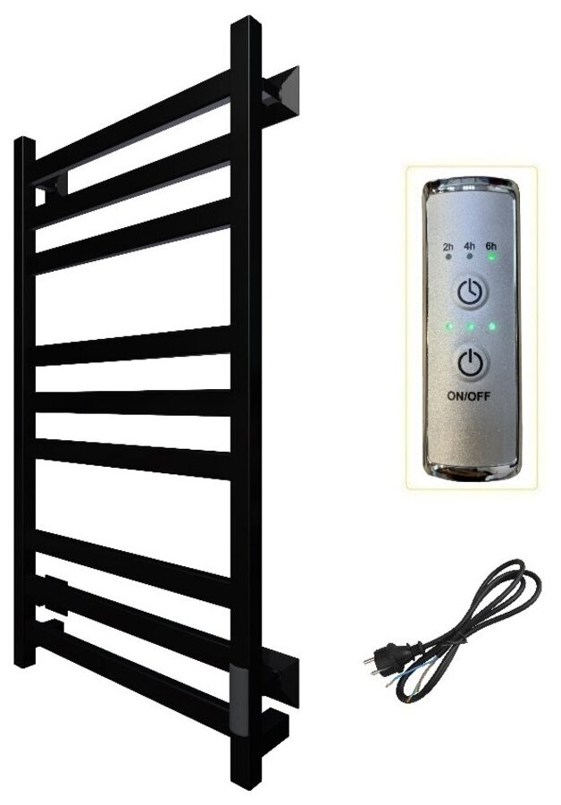 фото Полотенцесушитель электрический Тругор 500мм 800мм чёрный квадратный, универсальное подключение: слева/справа/скрытое подключени/шнур с вилкой.