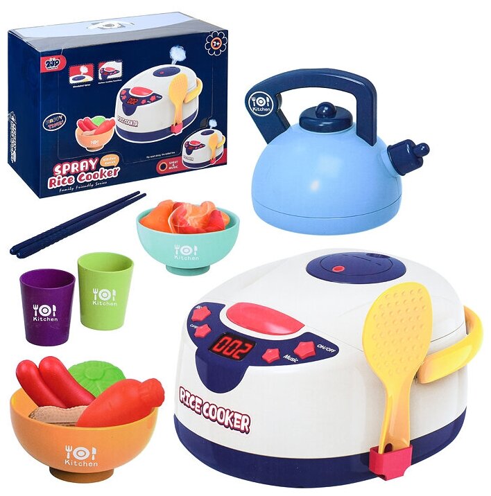 Мультиварка игрушечная детская с продуктами и посудой, можно наливать воду, пар, звук / Игровой набор Oubaoloon Y8814 в коробке