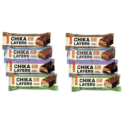 Chikalab – Chika Layers, Ассорти 8шт по 60г батончик протеиновый chikalab с нугой в шоколаде без сахара chika nuga нуга с малиной 50 гр 15 шт