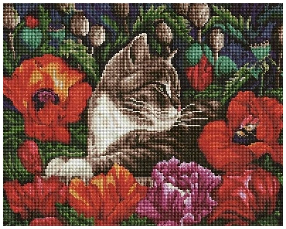 Алмазная мозаика "Кот в маках" 40x50 см Арт Фея