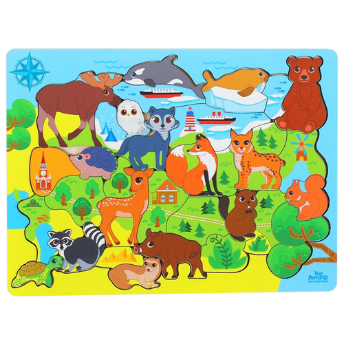 Пазл рамка-вкладыш Лесная мастерская Животные Евразии, для детей и малышей, деревянная
