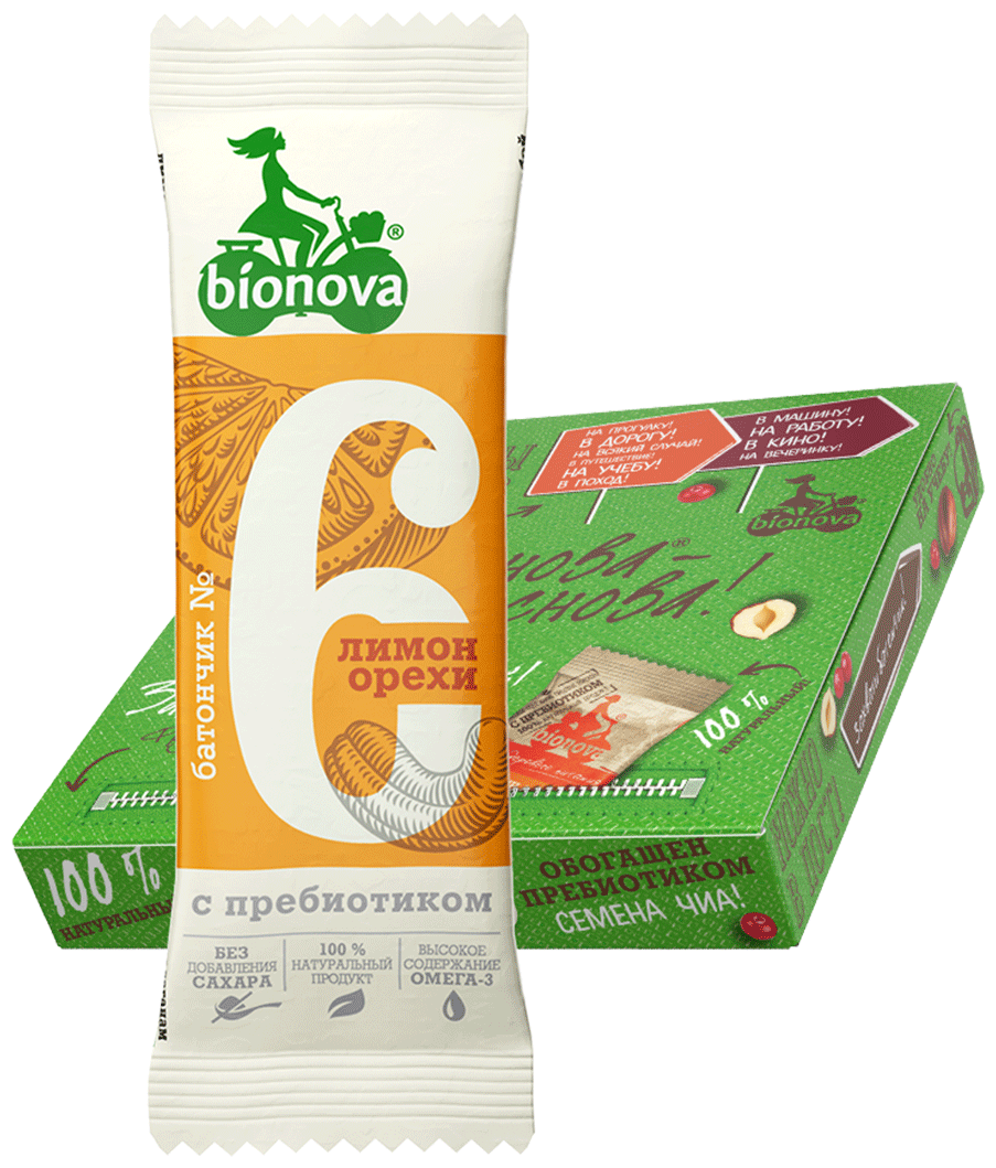 Фруктово-ореховый батончик без сахара Bionova® №6 Лимон & Орехи с пребиотиком 35 гр, 9 шт