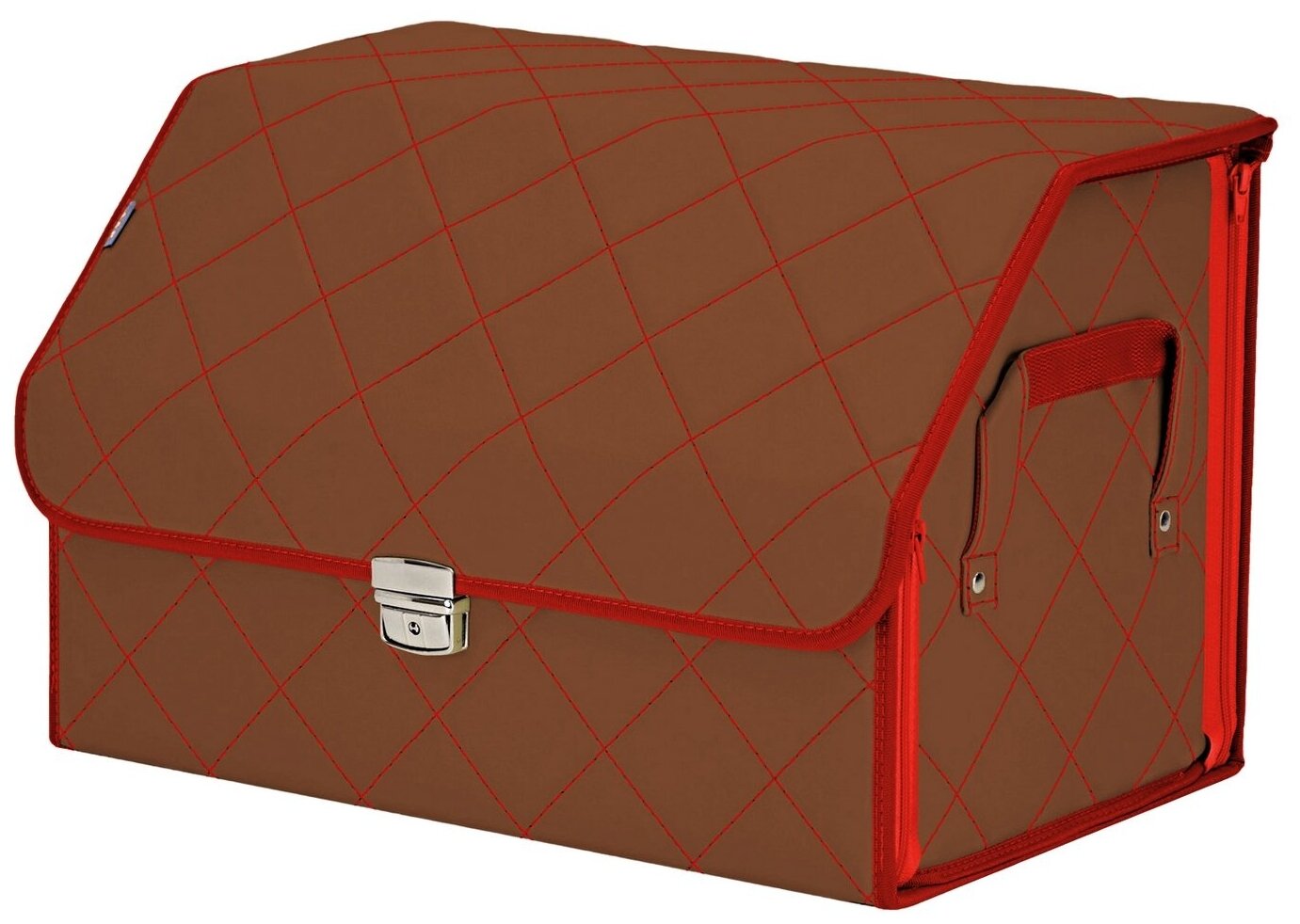 Органайзер-саквояж в багажник "Союз Премиум" (размер L). Цвет: светло-коричневый с красной прострочкой Ромб.