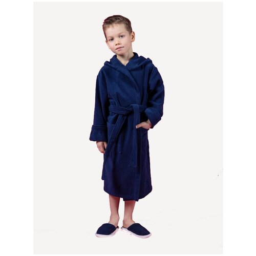 Детский махровый халат с капюшоном, темно-синий. Размер 30-32р