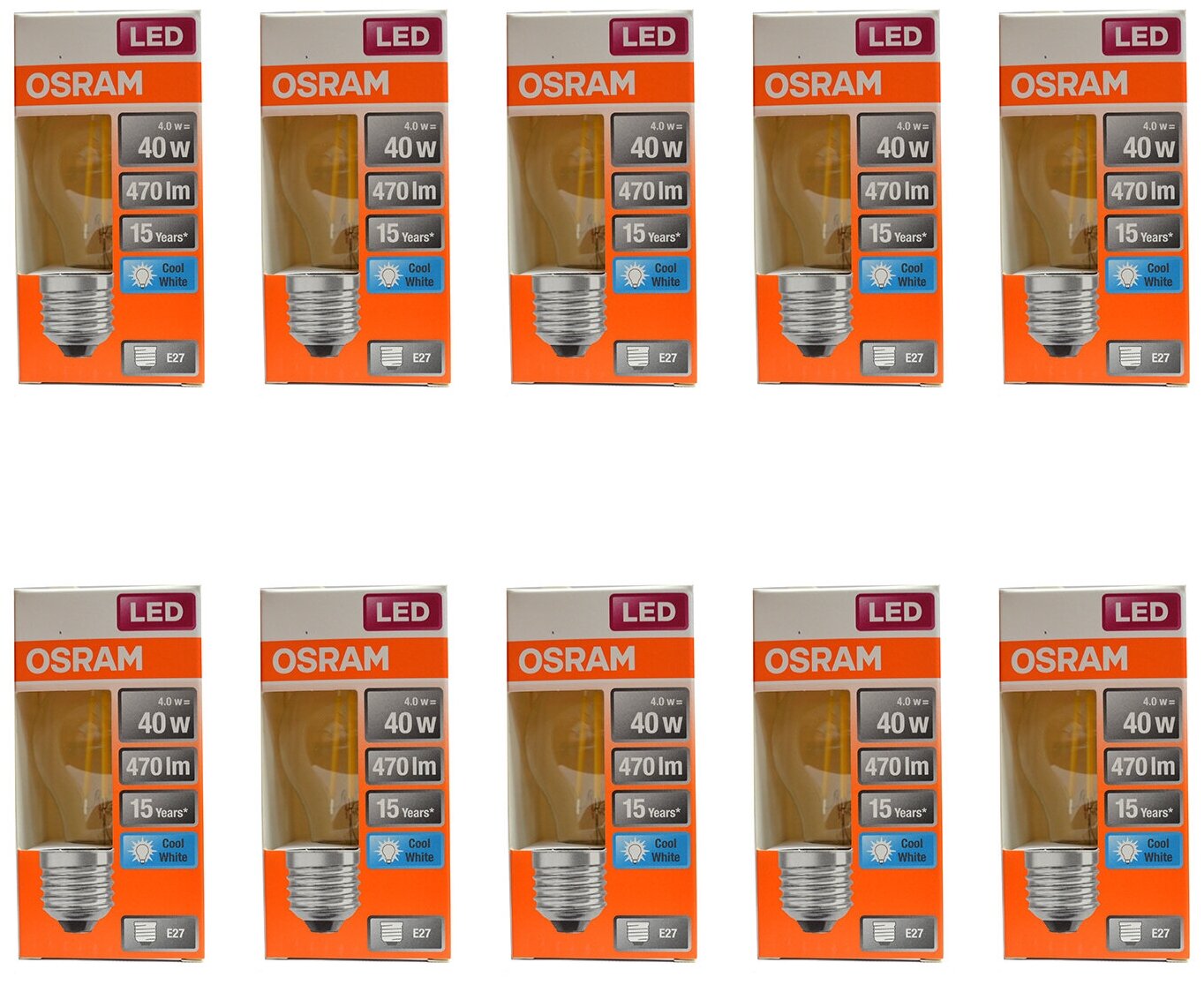 фото Лампочка светодиодная OSRAM Шар P E27 4Вт 220В 470Лм 4000К Дневной белый Филаментная, упаковка 10шт
