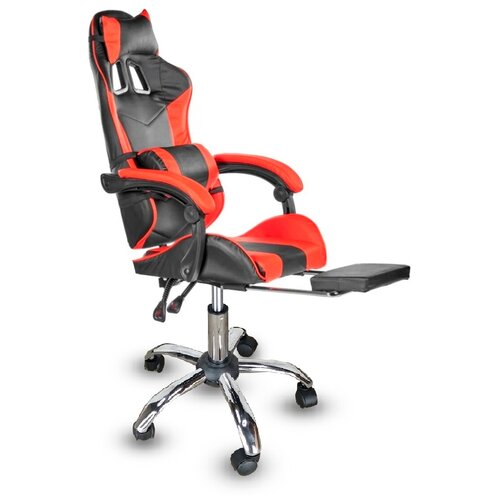 Игровое кресло компьютерное с подставкой под ноги (на хромированном основании, чёрный с красным)