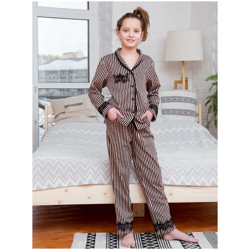 фото Пижама, брюки, рубашка, пояс на резинке, размер 128, бежевый mitra