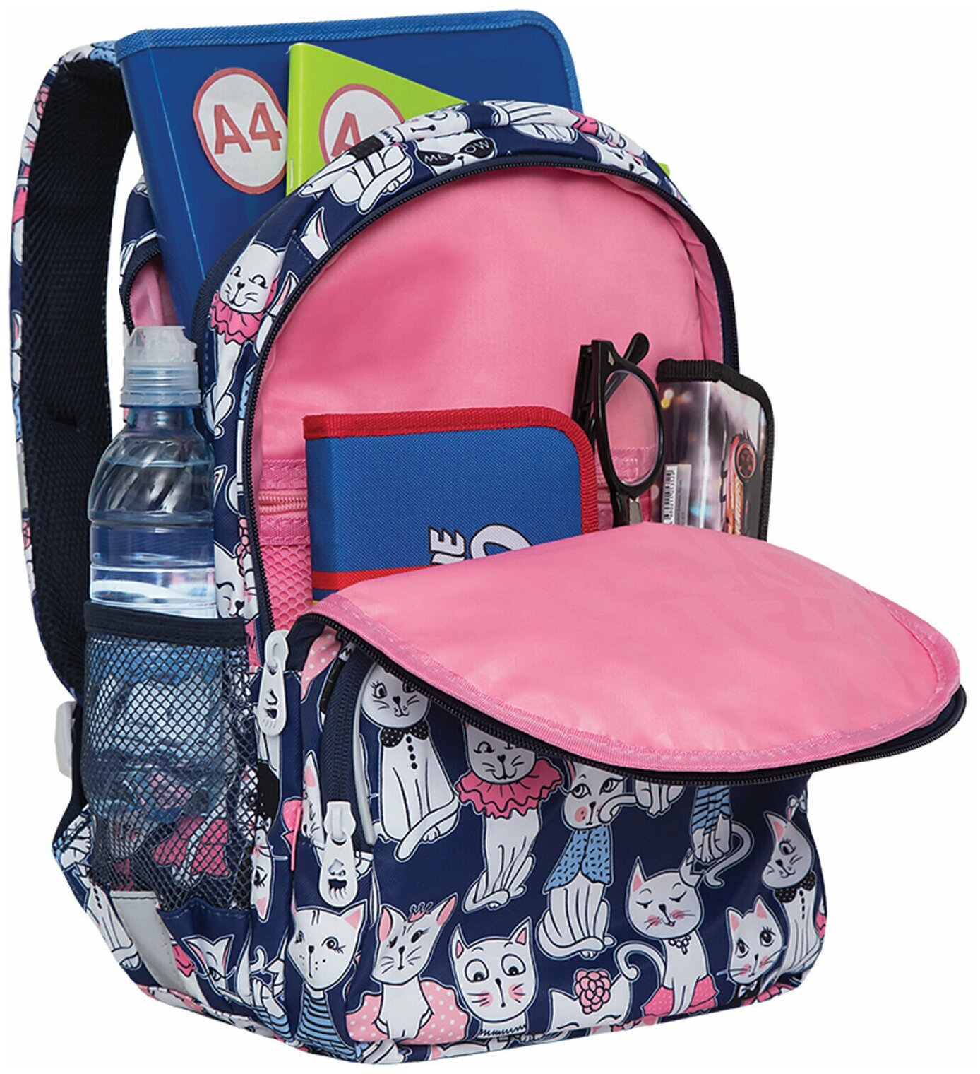 Рюкзак GRIZZLY школьный, анатомическая спинка, карман для ноутбука, для девочек, «Мяу», 40×27×20 см, RG-160-4/1