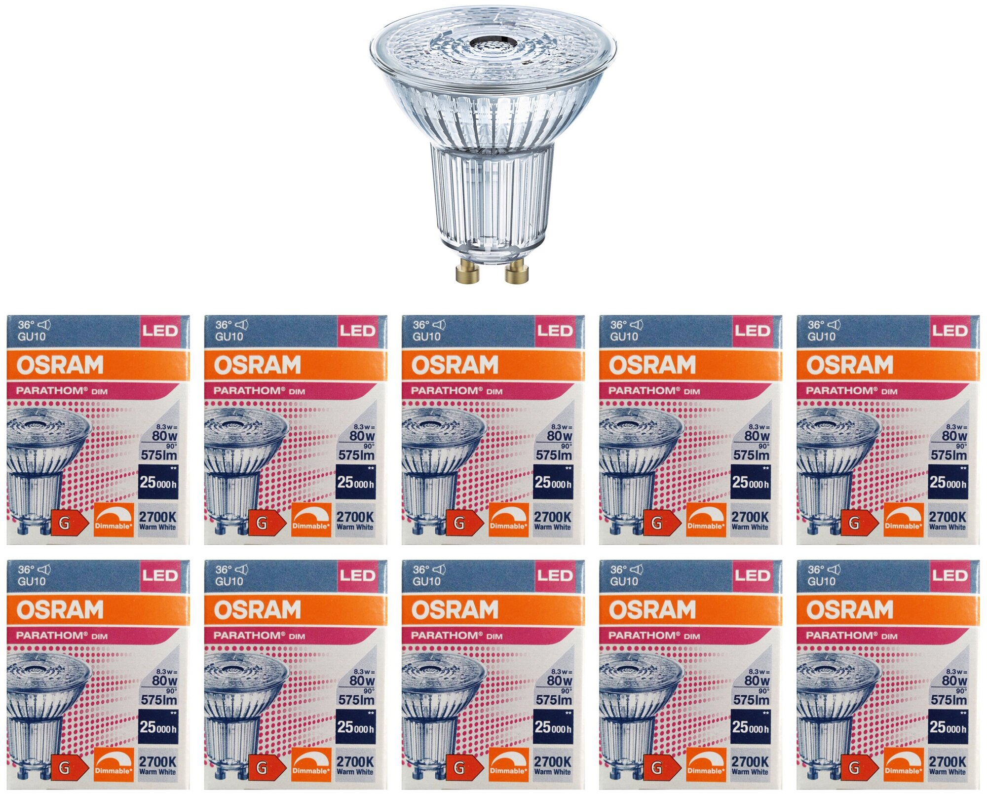 Лампочка светодиодная OSRAM Софит PAR16 GU10 83Вт 220В 575Лм 2700К Теплый белый Диммируемая упаковка 10шт