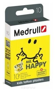 Medrull Лейкопластыри медицинские детские в стрипах  тату "Mr. Happy" 10 шт.