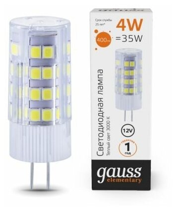 Светодиодная лампа Gauss Elementary G4 12V 4W 400lm 3000K керамика LED 1/10/200