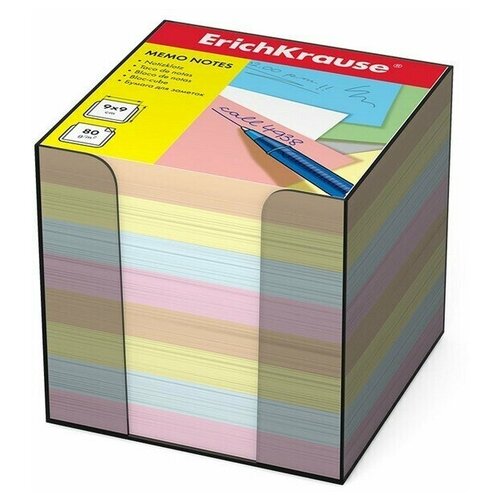Блок бумаги для записей ErichKrause, 9 x 9 x 9 см, в пластиковом боксе, 80 г/м2, цветной