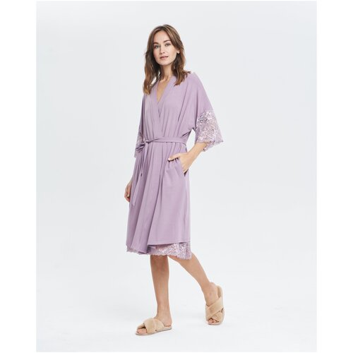Халат LIOLI средней длины, на завязках, укороченный рукав, пояс, карманы, трикотажная, размер 48-50, фиолетовый