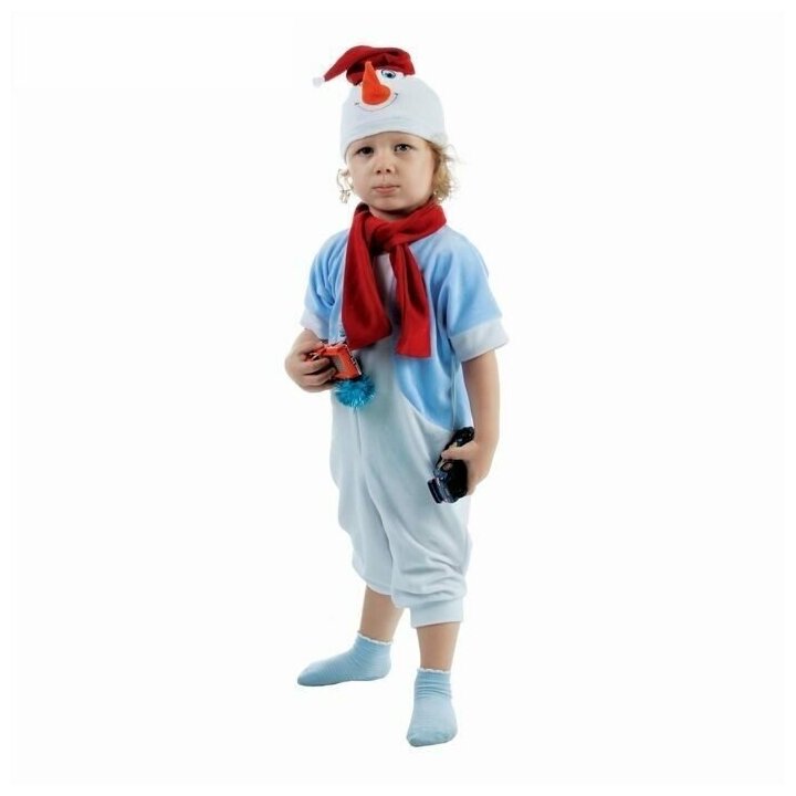 Детский карнавальный костюм "Снеговик в голубом жилете", велюр, комбинезон, шарф, шапка, рост 68-92 .