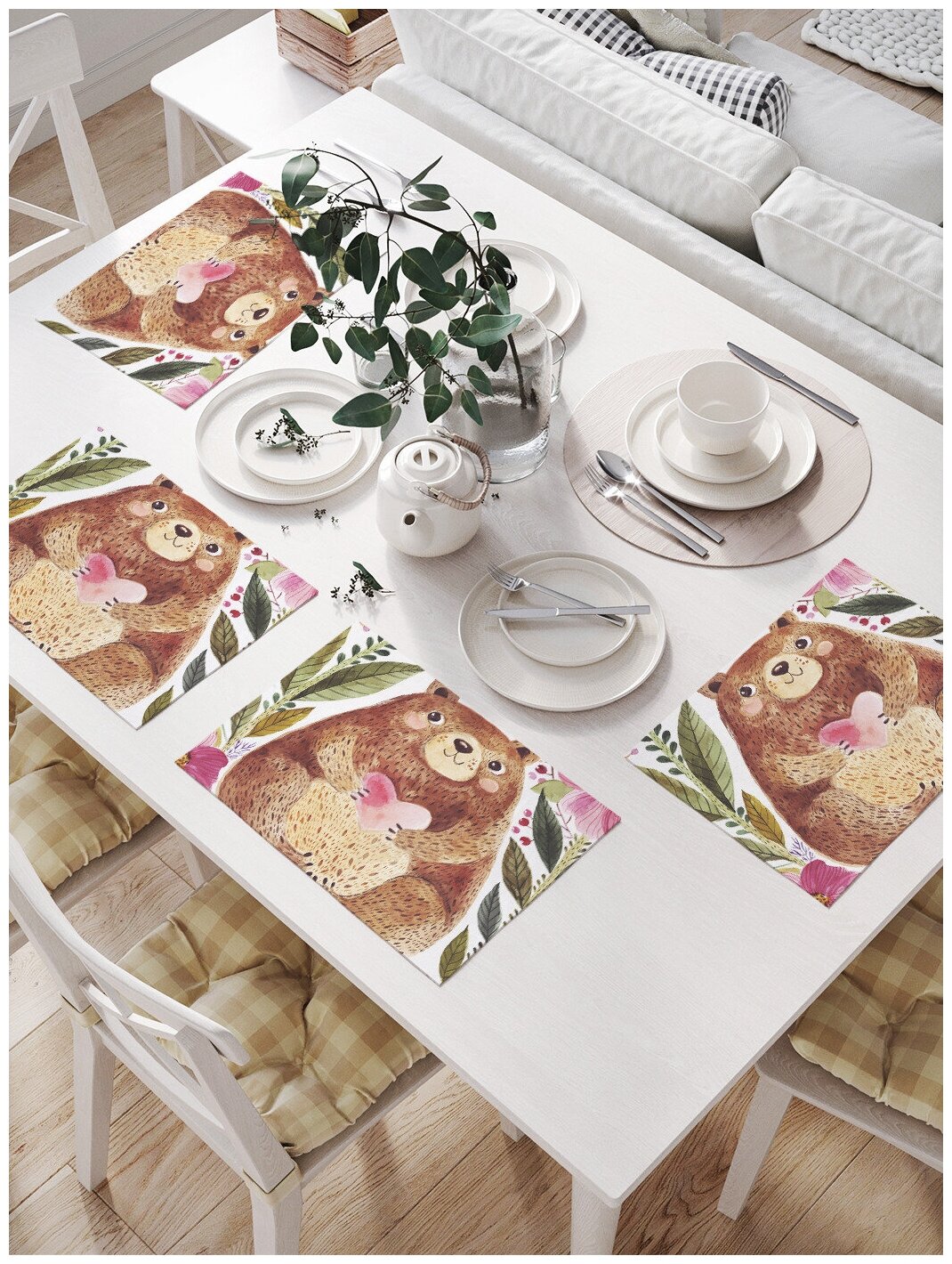 Комплект салфеток JoyArty "Добрый медведь в цветах" для сервировки стола (32х46 см, 4 шт.)