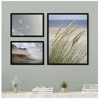 3 постера В раме "Трава на берегу океана и чайки" в черной раме / Набор постеров картин для интерьера / Картина для интерьера