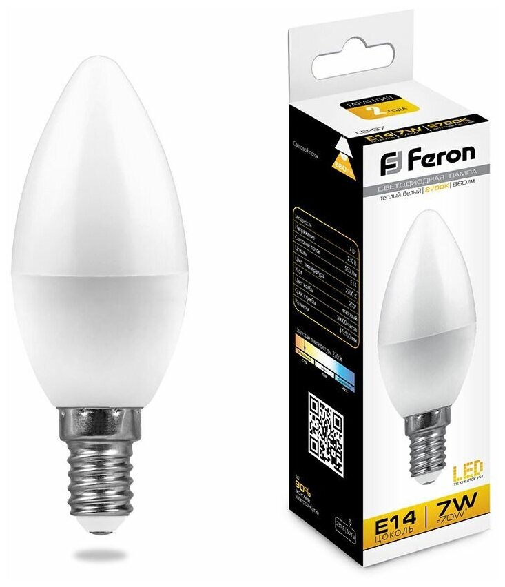 Лампа светодиодная, (7W) 230V E14 2700K C37, LB-97