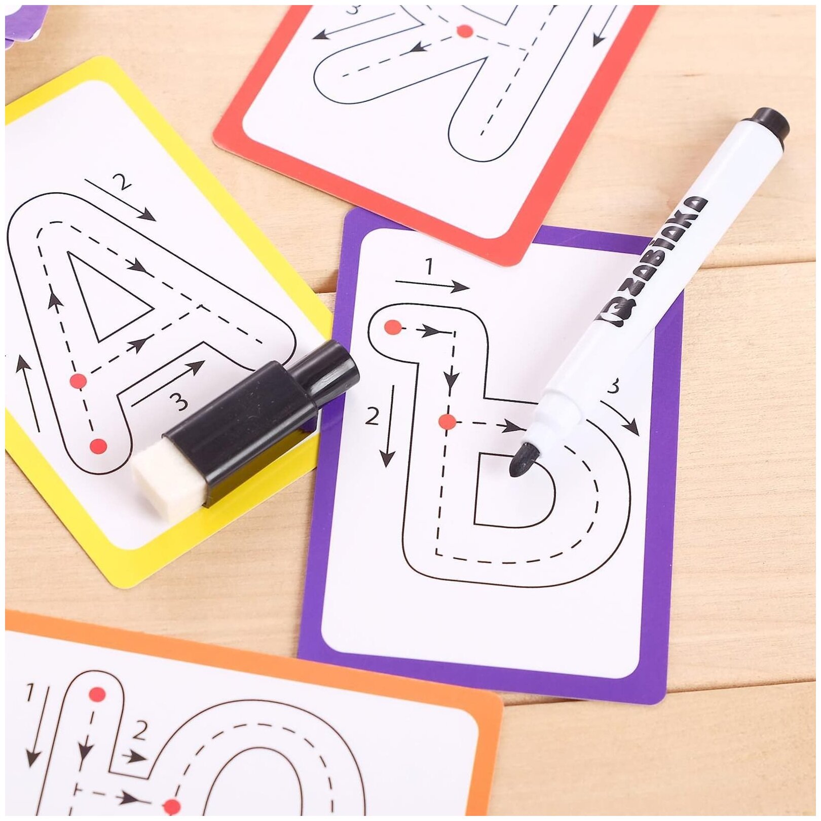 Набор развивающих карточек ZABIAKA Пиши-стирай, "Учу и пишу буквы", с буквами и картинками, маркер (5189423)