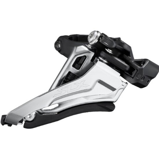 Переключатель передний Shimano SLX, M7100, 2x12 скоростей, верхняя тяга, 38T, средний хомут 34.9мм, угол наклона 66-69°, черно-серебристый, без упаковки