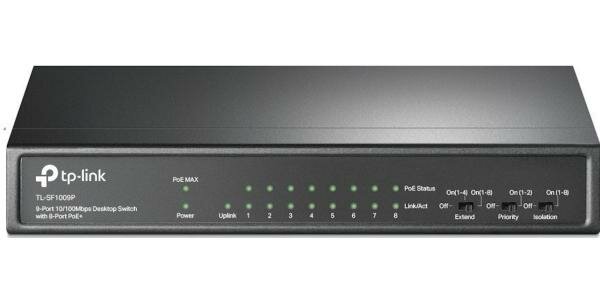 DAHUA DH-SF1009P 9-портовый неуправляемый коммутатор с РоЕ 8xRJ45 100Mb PoE 1xRJ45 100Mb uplink суммарно 96Вт коммутация 1.8 Гбит/с MAC-таблица 2