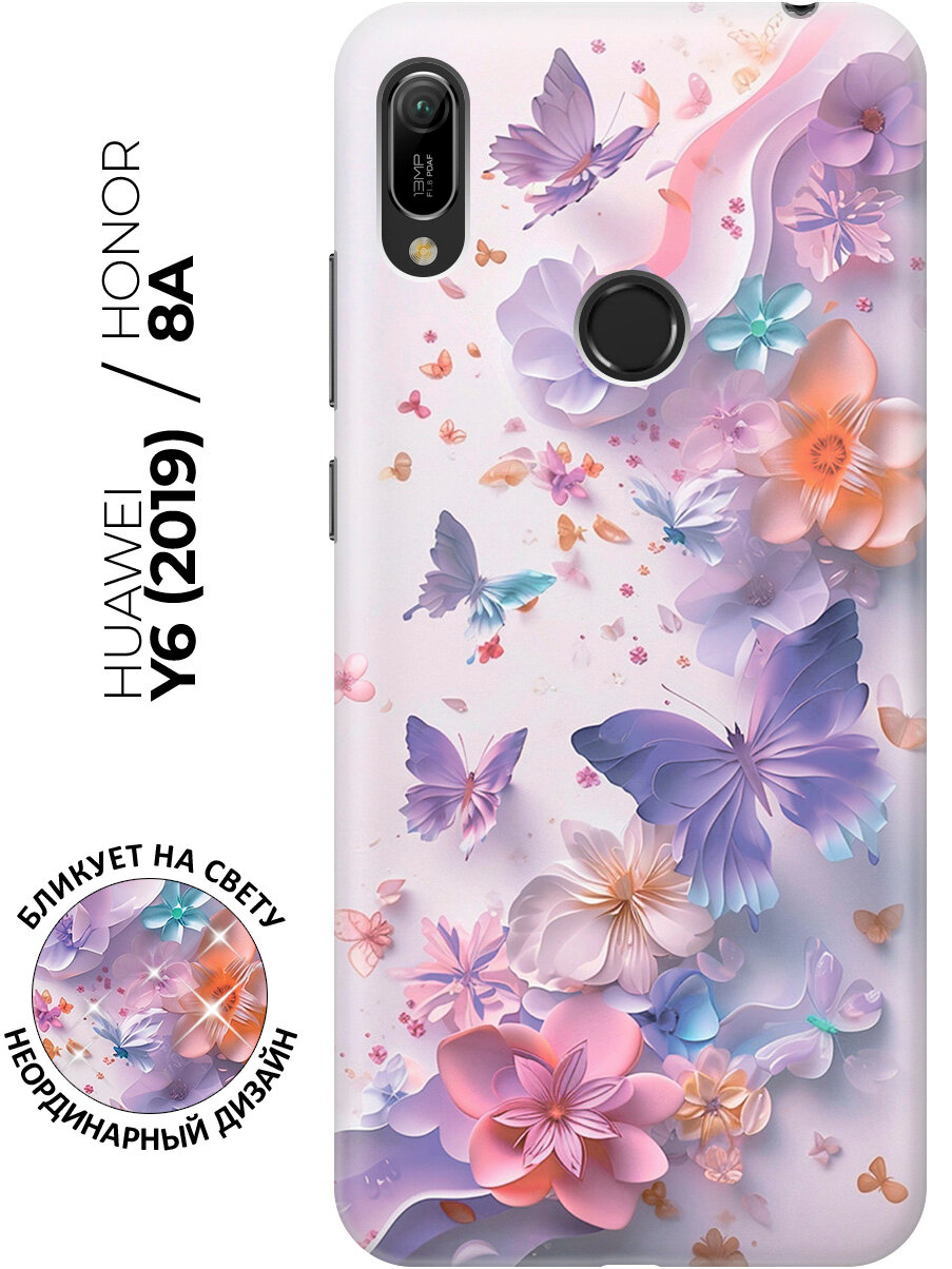 Силиконовый чехол на Honor 8A / 8A Pro / Huawei Y6 (2019) / Y6 Prime (2019) с принтом "Фиолетовые бабочки и бумажные цветы"