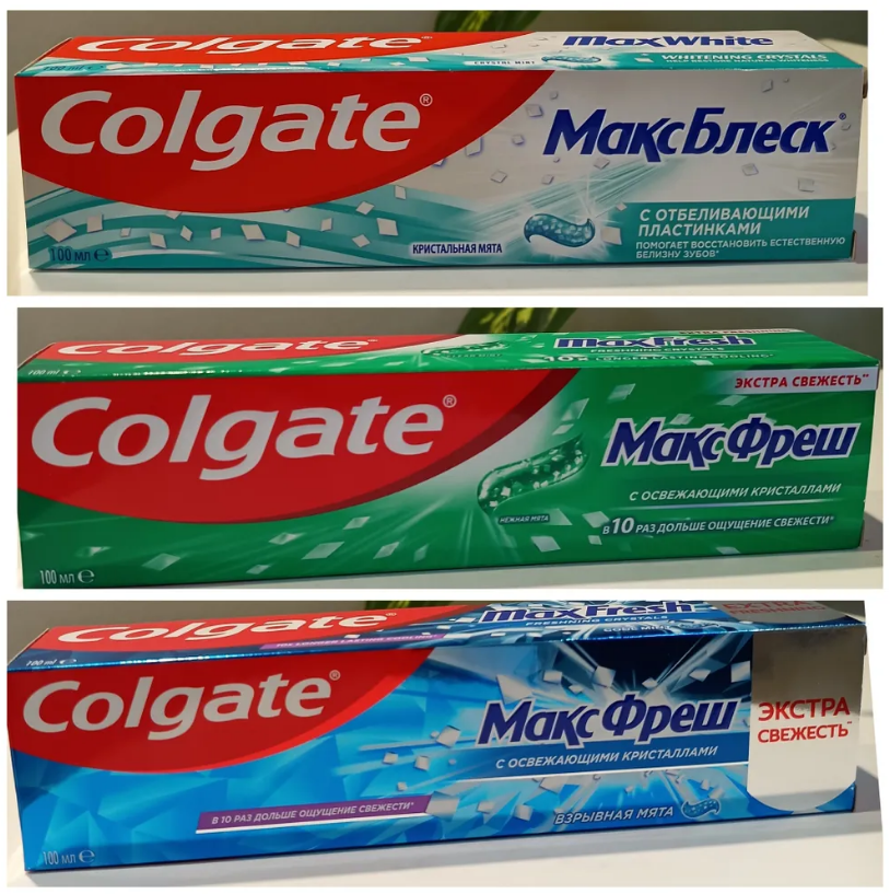 Зубная паста Colgate МаксФреш синяя 100 мл, зеленая 100 мл, белая 100 мл