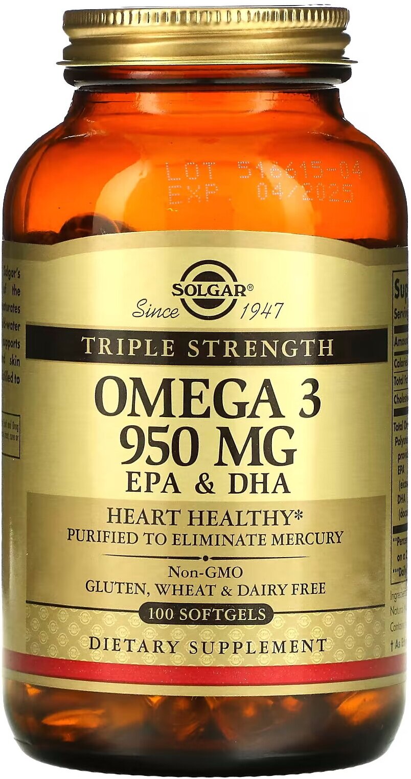 Solgar, Omega 3, EPA & DHA, Triple Strength, 950 mg, омега-3, ЭПК и ДГК, тройной концентрации, 950 мг, 100 капсул